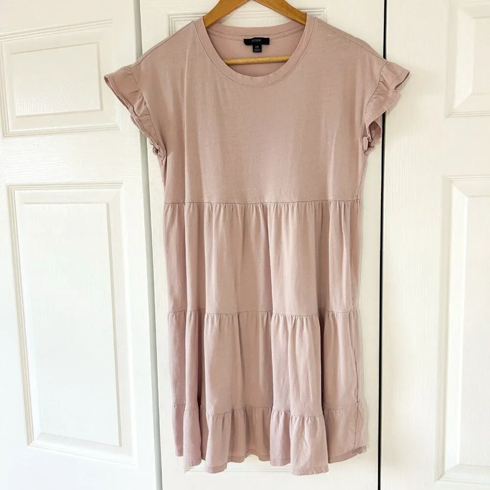 J.Crew Reimagined Tiered Ruffle Sleeve Dress Pink Cotton Jersey Women’s XS EUC
